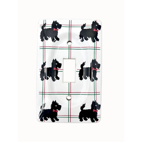 Vintage Jasco Scottie Dog Switch Plate Cover W/ Red Bows & Plaid Single Toggle - Picture 1 of 5